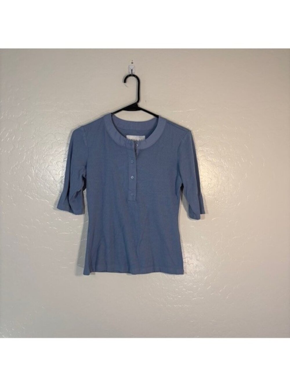 The Shirt Rochelle Behrens Top Womens Small Ribbed Half Sleeve Henley Blue BOHO